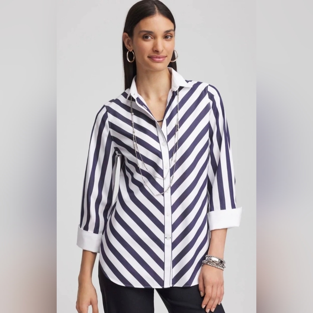 Chico's Navy and White Diagonal Stripe Button-Down Shirt Sz. 1 (8/10)
